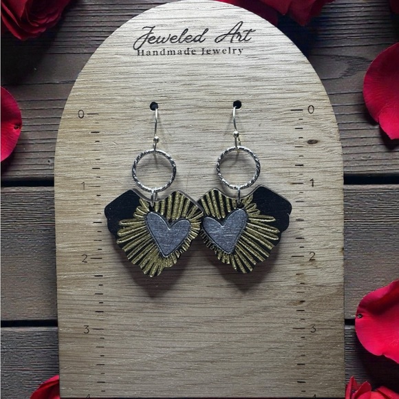 Jeweled Art Hand-Painted Radiant Heart Burst Engraved Wood Earrings - Picture 5 of 15